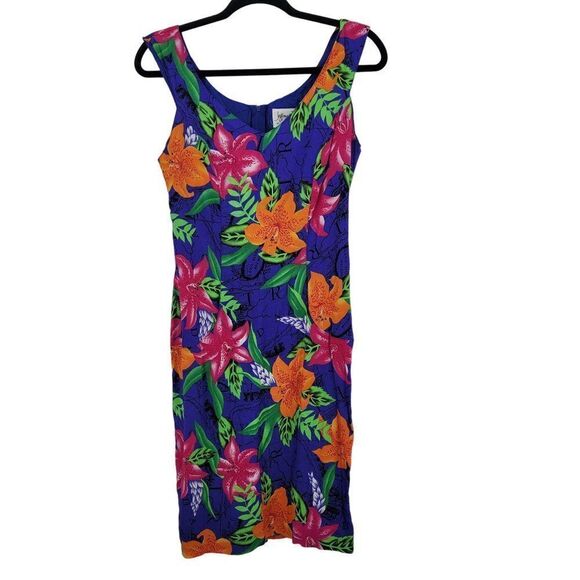 Vintage Blue Tropical Floral Sleeveless Mini Sheath Dress L Rayon USA Aloha Wear - Picture 4 of 10